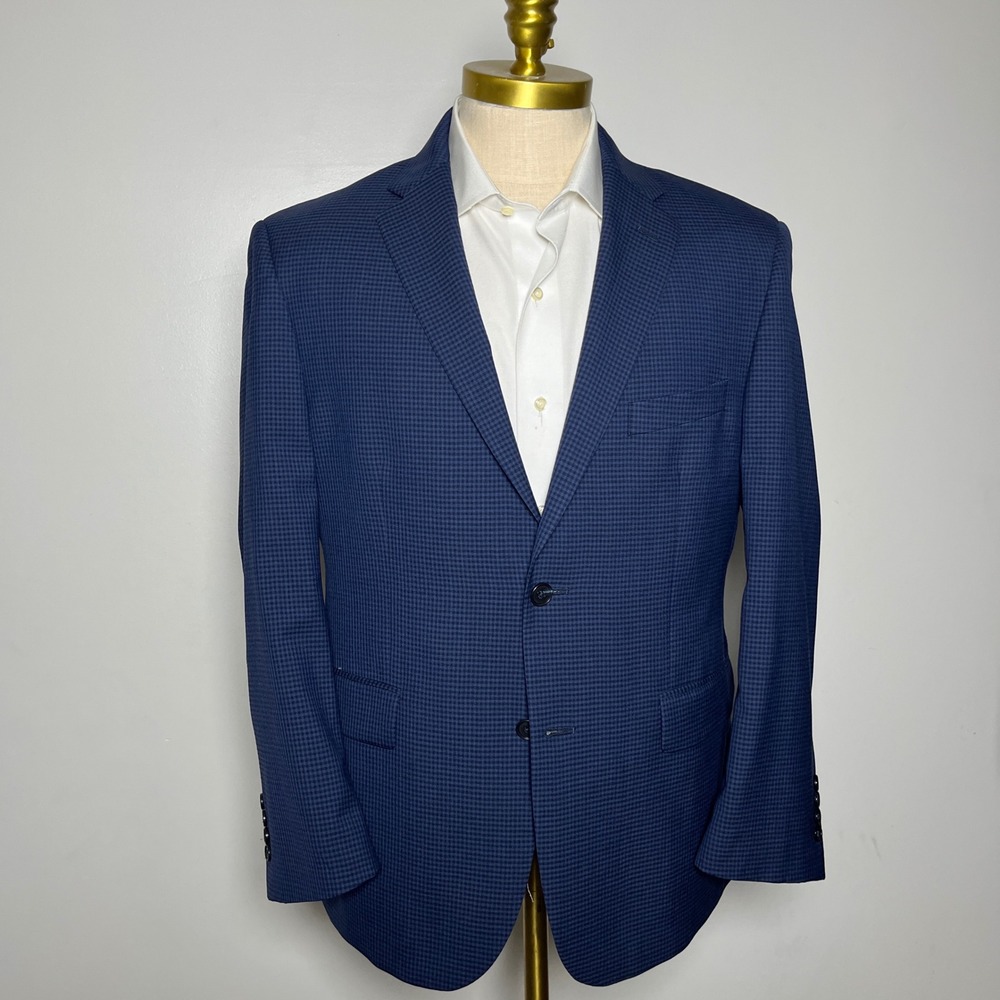 Jos. A. Bank Blazer Mens 42S Blue Micro-Check Wool Tailored Traveler Sport Coat